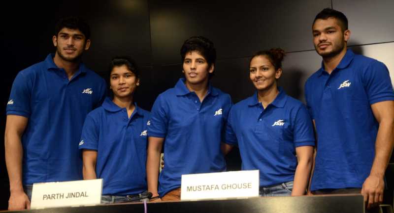 Athletes Avtar Singh (judoka), Zareen Nikhat (boxer), Garima Chaudhary (judoka), Geeta Phogat (wrestler) and Vikas Krishan Yadav (Boxer) during a press conference in Mumbai 