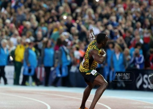 Usain Bolt of Jamaica reacts after the men's 4X100m relay final of Athletics at the 2014 Glasgow Commonwealth Games in Hampden Park in Glasgow, Scotland on Aug. 2, 2014. Jamaica won the gold medal with a time of 37.58 seconds.