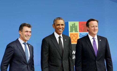 The NATO Secretary General Anders Fogh Rasmussen (L), U.S. President Barack Obama (C) and British Prime Minister David Cameron pose at the NATO Summit 2014 in Newport, Wales, the United Kingdom, Sept. 4, 2014. The two-day NATO Summit 2014 kicked off in Wales 