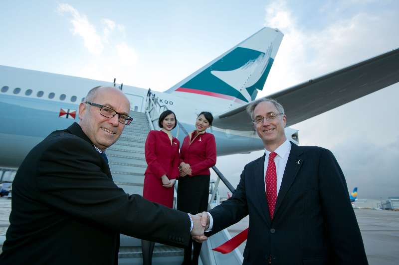 Angus Barclay, General Manager, Cathay Pacific's European operations, with Charlie Cornish, CEO of Manchester Airports Group (MAG) at the airport