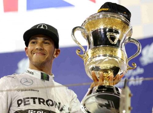 Mercedes' Lewis Hamilton celebrates after the final of Formula 1 Bahrain Grand Prix in Manama, Bahrain. FILE PHOTO