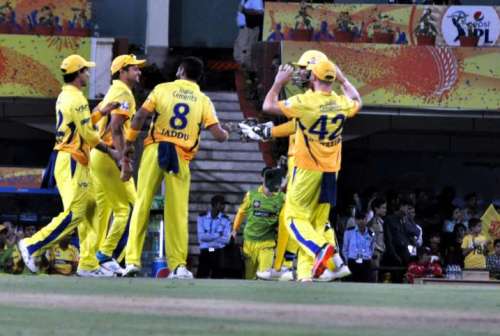 CSK players celebrate fall of wicket during the 21st match of IPL 2014 between Kolkata Knight Riders and Chennai Super Kings, played at JSCA International Stadium Complex in Ranchi on May 2, 2014. (Photo: IANS)