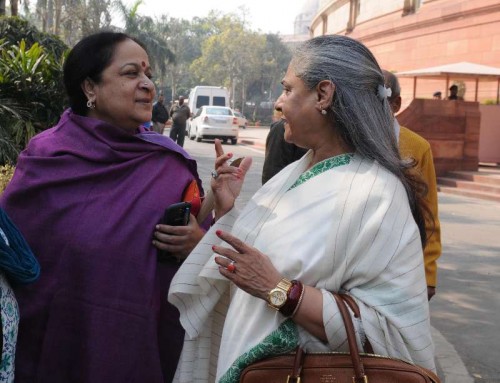 Parliamentarians Jayanthi Natarajan and Jaya Bachchan at the Parliament in New Delhi on Feb.12, 2014. 