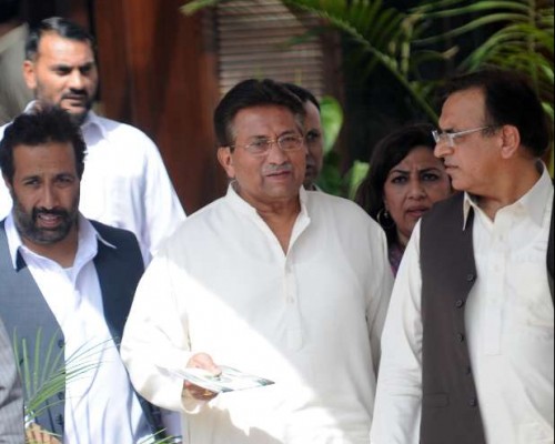 File photo taken on April 15, 2013 shows Pakistan's former President Pervez Musharraf arrives for a press conference in Islamabad, capital of Pakistan. A Pakistani special tribunal, which indicted former military ruler Pervez Musharraf for high treason over 2007 imposition of emergency rule, on Monday rejected his request to allow him to go abroad for treatment. The government has barred Musharraf from going abroad by putting his name on the Exit Control List (ECL).