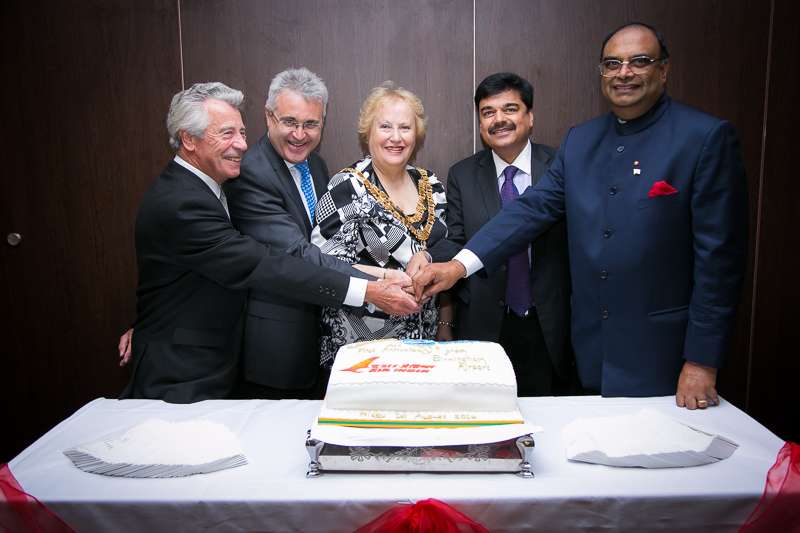 Mr Pankaj Srivastava, Commercial Director- Air India, with Birmingham Airport CEO Pual Kehoe, Lord Lieutenant Paul Sabapathy, Solihull Mayor Kate Wild during the first anniversary celebrations of services in Birmingham