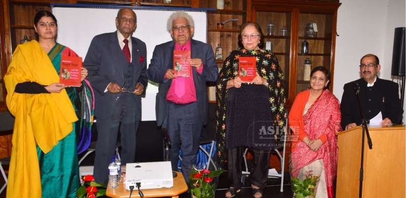 Launching the book are: Vibha Mehdiretta, Reginald Massey, Prof Lord Desai, Virendra Sandhu, Divya Mathur and Lalit Mohan Joshi