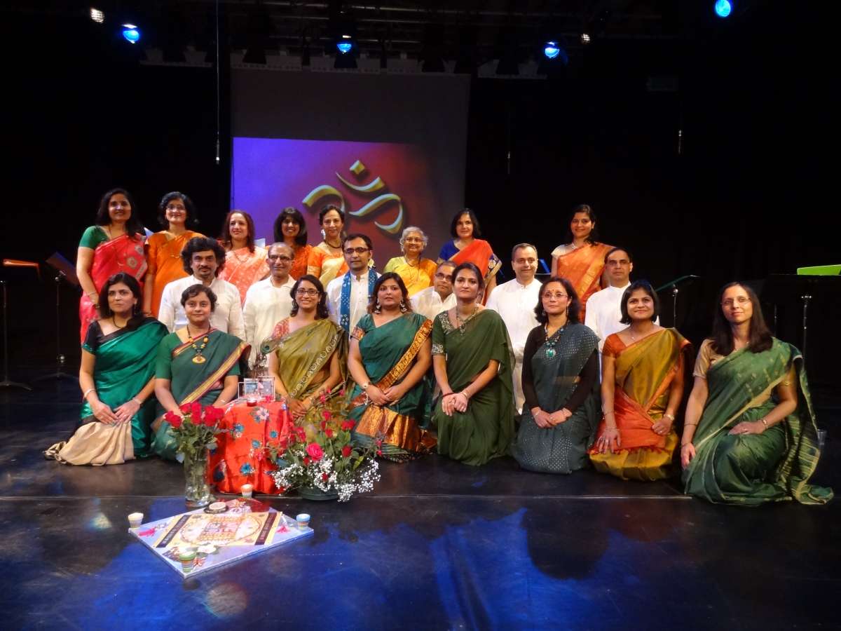 Manchester-based musician and composer, Rakesh Joshi (middle row: third from left) with Bharatiya Vrund Gaan choir    performing at the Lowry, Greater Manchester