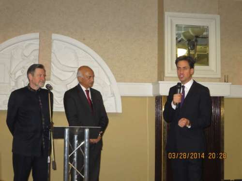 Ed Miliband addressing the meeting as High Commissioner Mr. Ranjan Mathai, Labour Friends of India chairman Barry Gardiner MP look on