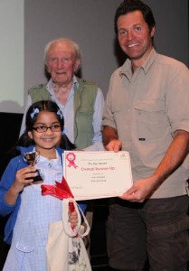 Iona Mandal, the winner of David Shepherd Foundation Award, with David Shepherd, artist and conservationist and television presenter Steve Leonard