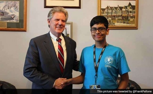 New Jersey's Congressman Frank Pallone congratulates 14-year-old Karan Menon for winning the National Geographic Bee competition in the US.