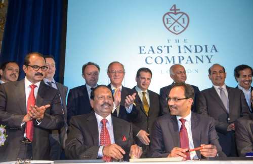 Sanjiv Mehta, Chairman of The East India Company and Yusuff Ali, Managing Director, LuLu Group sign an historic investment partnership to allow the expansion of the centuries old trading company's global brand in London today, Wednesday 8th October. The formal document was sealed in wax with the East India Company's crest.