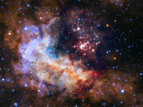 The brilliant tapestry of young stars flaring to life resemble a glittering fireworks display in the image taken by Hubble.