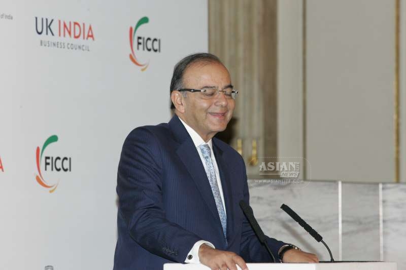 Indian Finance Minister Arun Jaitley addressing the India Investors Meet in London