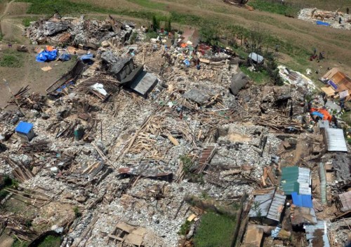 An aerial view taken from an Indian Air Force (IAF) helicopter of Barpak area in Nepal turned into a wreckage following a recent massive earthquake. 