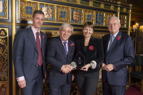 Caroline Lucas, MP for Brighton Pavilion with John Bercow MP,  Jonathan Holt (KPMG Partner, Sponsor),and Martyn Lewis CBE (Patchwork Foundation, Patron and Compere)