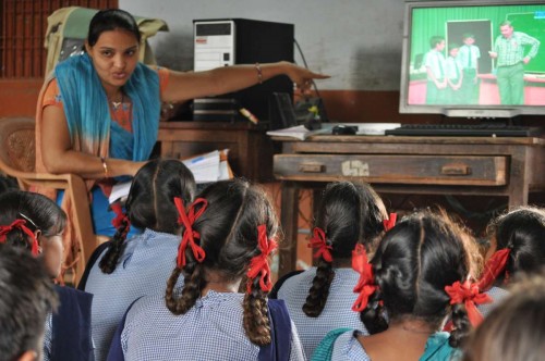 The satellite connection enables live streaming of daily lessons--this one was an English lesson.