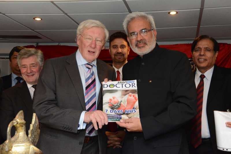 Prof Rajan Madhok with Mr Peter W Mount, chairman of the Central Manchester Foundation Trust, Tony Lloyd, Manchester Police Commissioner  and Dr Kailash Chand MBE during an event organised by Asian Lite