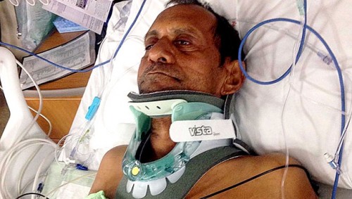 Sureshbhai Patel on the hospital bed after the brutal attack by police officers in Alabama. Photo Credit: Hindustan Times 