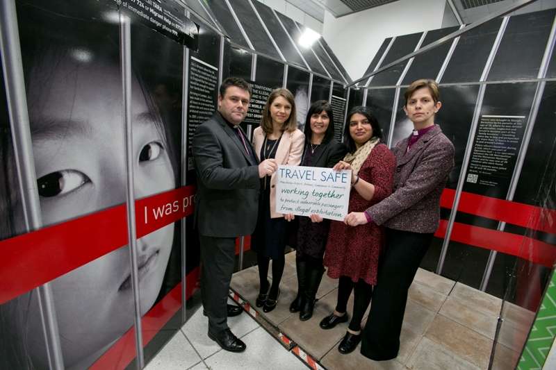 George Lane (Coordinating Chaplain, Manchester Airport), Julia Pugh (Stop The Traffik), Tricia Williams (Customer Services Director Manchester Airport), Cllr Sameem Ali and Libby Lane (UK's First Female Bishop) launch Travel Safe Week at Manchester Airport