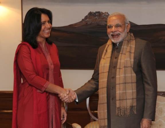 US Congresswoman Tulsi Gabbard during a meeting with Indian Prime Minister Narendra Modi 