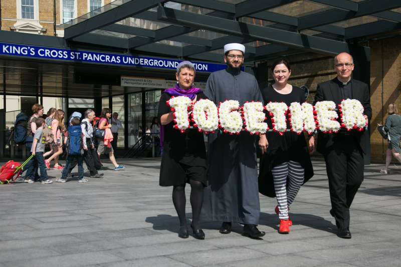 Walk Together For Peace in commemoration of the 77 bombings in London 2010. (From left to right) Revd Bertrand Olivier, Rabbi Laura Janner-Klausner, Imam Qari Asim. Photo Kristian BuusBritish Future