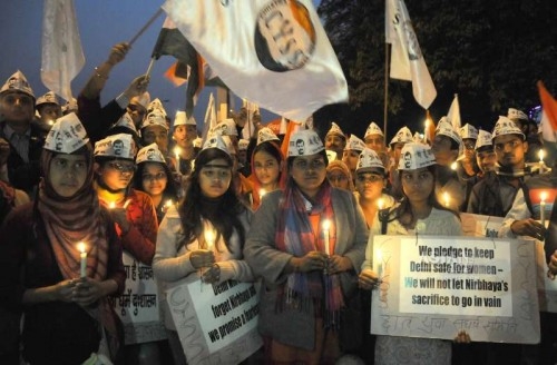 Activists of Chhatra Yuva Sangharsh Samiti participate in a candlelight vigil to condemn the 2012 Nirbhaya gangrape in New Delhi, on Dec 16, 2014. 