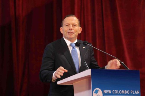 Australian Prime Minister Tony Abbott addresses during the launch of Australian Government's New Colombo Plan in Mumbai