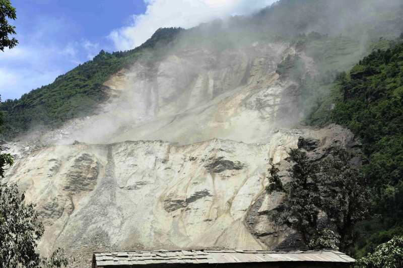 Photo shows the landslide that occurred in Sindupalchowk, Nepal. The landslide hit Nepal's eastern hilly region at around 2 a.m. Saturday, killing eight people, while over 300 people remain missing, as locals and police said