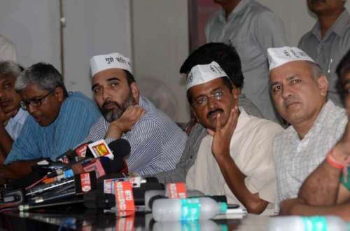 Aam Aadmi Party (AAP) leaders Ashutosh, Gopal Rai, Arvind Kejriwal,and Manish Sisodia during a press conference in New Delhi