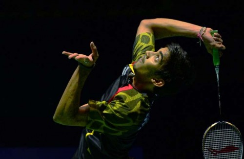  Indian badminton player Srikanth Kidambi in action against two-time Olympic and five-time men's singles World Champion Lin Dan during the final match of China Open Super Series Premier in Fuzhou, China on Nov 16, 2014. Kidambi won the title. Score: 21-19, 21-17. 