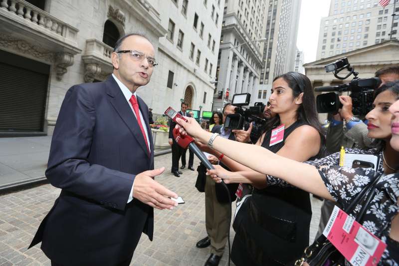 Union Minister for Finance, Corporate Affairs, and Information and Broadcasting Arun Jaitley arrives at the New York Stock Exchange in New York