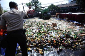 A file photo of anti-alcohol campaign at a police station in Jakarta, Indonesia