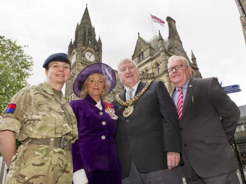 L-R: Lieutenant Colonel Lindsey Forbes, Vice Lord-Lieutenant of Greater Manchester Edith Conn OBE, Lord Mayor of Manchester Paul Murphy OBE and Councillor Tomas Judge Councillor Tommy Judge, Manchester City Council’s lead member for armed forces.  