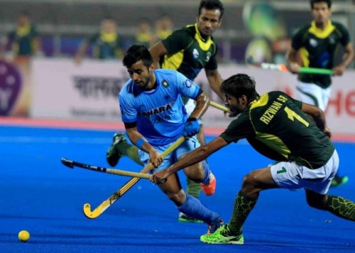 Players in action during a HHCT - 2014 (Hero Hockey Men`s Champions Trophy 2014) match between India and Pakistan at Kalinga Stadium in Bhubaneswar on Dec 13, 2014. Pakistan won. Score: 4-3. 