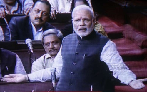 Prime Minister Narendra Modi addresses in Rajya Sabha during the budget session of the Parliament in New Delhi on March 3, 2015.