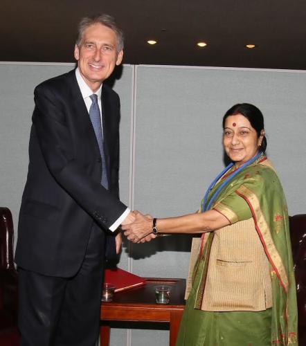 External Affairs Minister Sushma Swaraj during a meeting with Foreign Secretary of United Kingdom, H.E Philip Hammond on the sidelines of 69th UNGA in New York, United States of America. (Photo: IANS)