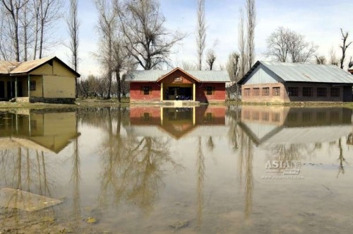 A view of waterlogged primary school in Lalad of Jammu and Kashmir's Sopore on March 23, 2015.