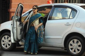 External Affairs Minister Sushma Swaraj arrives at the Parliament in New Delhi on Aug 13, 2014. (Photo: IANS)