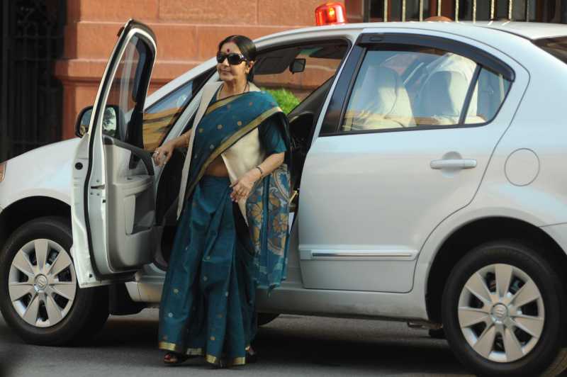 External Affairs Minister Sushma Swaraj arrives at the Parliament in New Delhi on Aug 13, 2014. (Photo: IANS)