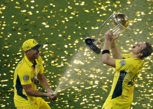  Australian cricketers celebrate after winning winning the 2015 ICC Cricket World Cup against New Zealand at Melbourne Cricket Ground in Australia on March 29, 2015. 