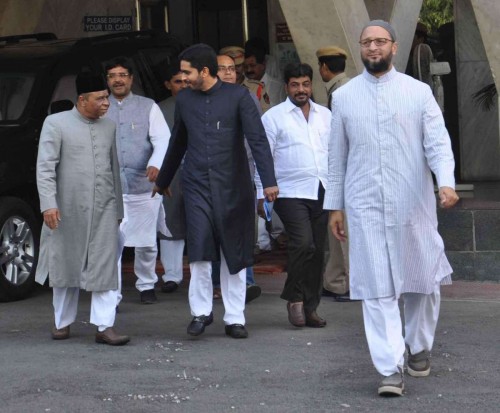 A delegation led by MIM president Asaduddain Owaisi coming out from the secretariat after meeting Telangana Chief Minister K Chandersheker Rao in Hyderabad 