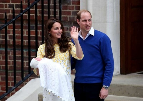  The newborn baby girl makes her first appearance to the public with the Duke of Cambridge and the Duchess outside St. Mary's Hospital in London, on May 2, 2015.
