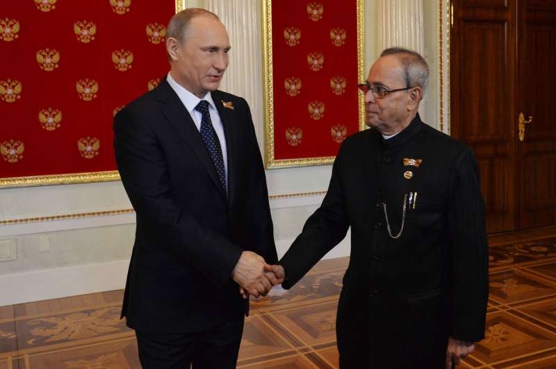 Indian President Pranab Mukherjee with Russian President Vladimir Putin in Moscow 