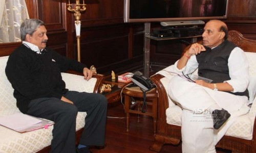 Union Minister for Defence Manohar Parrikar calls on Union Home Minister Rajnath Singh, in New Delhi