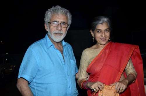 Naseeruddin Shah with his wife and actor Ratna Pathak during the special screening of film Finding Fanny in Mumbai on Sept 7, 2014. (Photo: IANS)