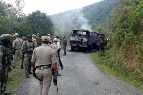 Security personnel at the site where at least 18 soldiers were killed on 4th June 2015, when NSCN-K militants ambushed their convoy in Manipur's Chandel district on June 5, 2015.