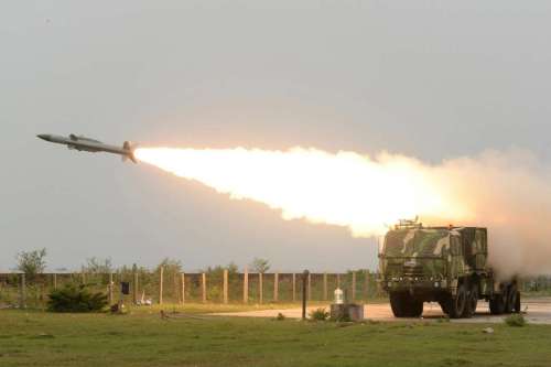 Akash missile being test fired at a very low altitude from Integrated Test Range in Balasore of Odisha on June 18, 2014. The missile passed the test.