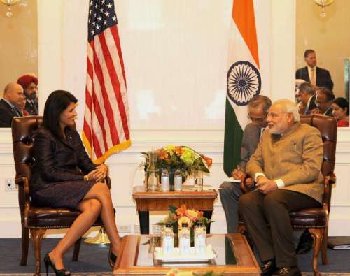 Prime Minister Narendra Modi during a meeting with the Governor of South Carolina, Nikki Haley in New York, United States of America on Sept. 28, 2014. (Photo: IANS/PIB)