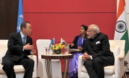 Prime Minister Narendra Modi meets the UN Secretary General Ban Ki-moon, in Seoul, South Korea on May 18, 2015. 
