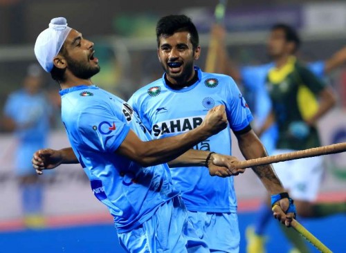  Indian players celebrate during a HHCT - 2014 (Hero Hockey Men`s Champions Trophy 2014) match between India and Pakistan at Kalinga Stadium in Bhubaneswar on Dec 13, 2014. Pakistan won. Score: 4-3. 